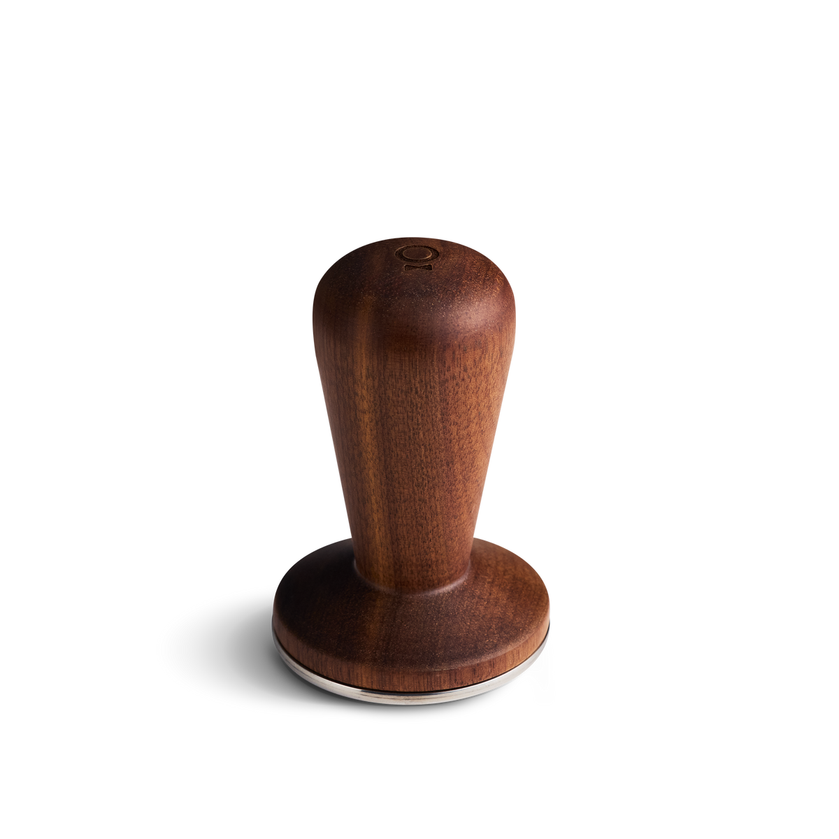Fellow Series 1 Tamper, walnut handle, for 58 mm portafilter, shown on white background.