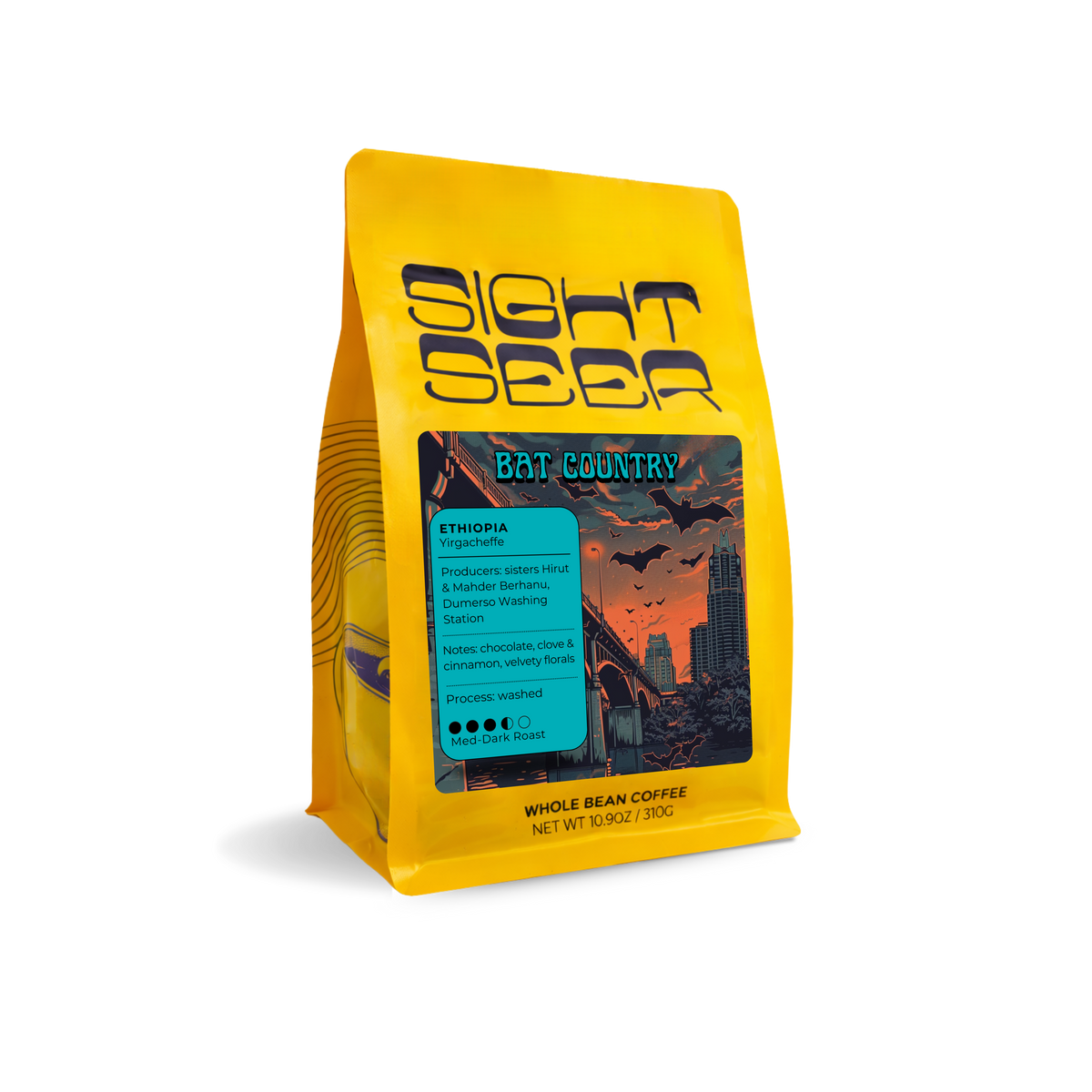 Yellow bag of Sightseer Coffee Bat Country washed Ethiopian coffee with colorful label.