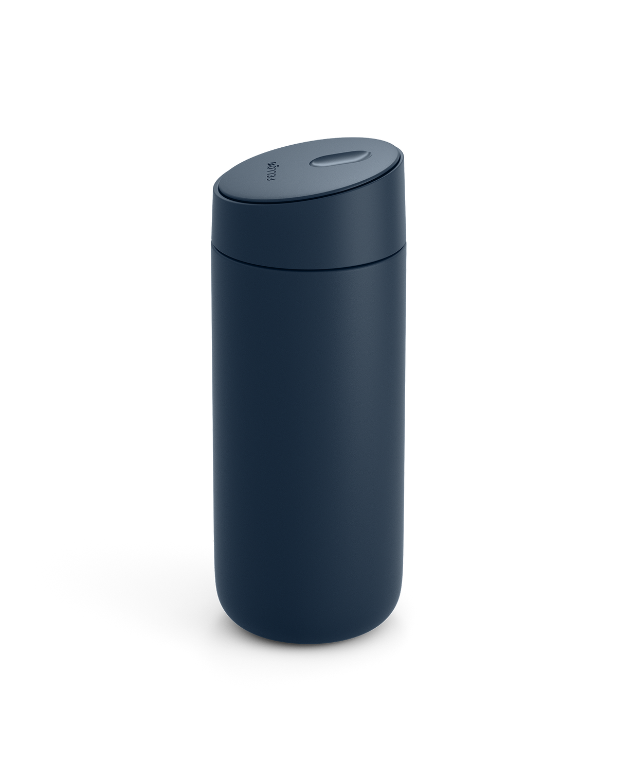 The Fellow Carter Slide Mug is dark blue with a matte finish and a rounded, spill-proof lid.