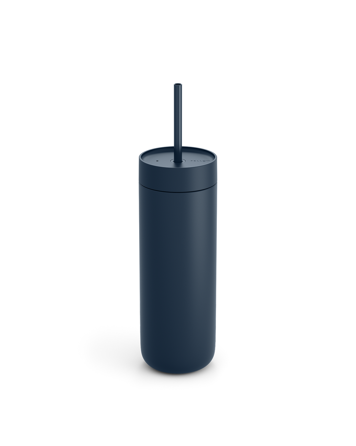 Fellow Carter Cold Tumbler in dark blue with lid and straw on a plain white background.