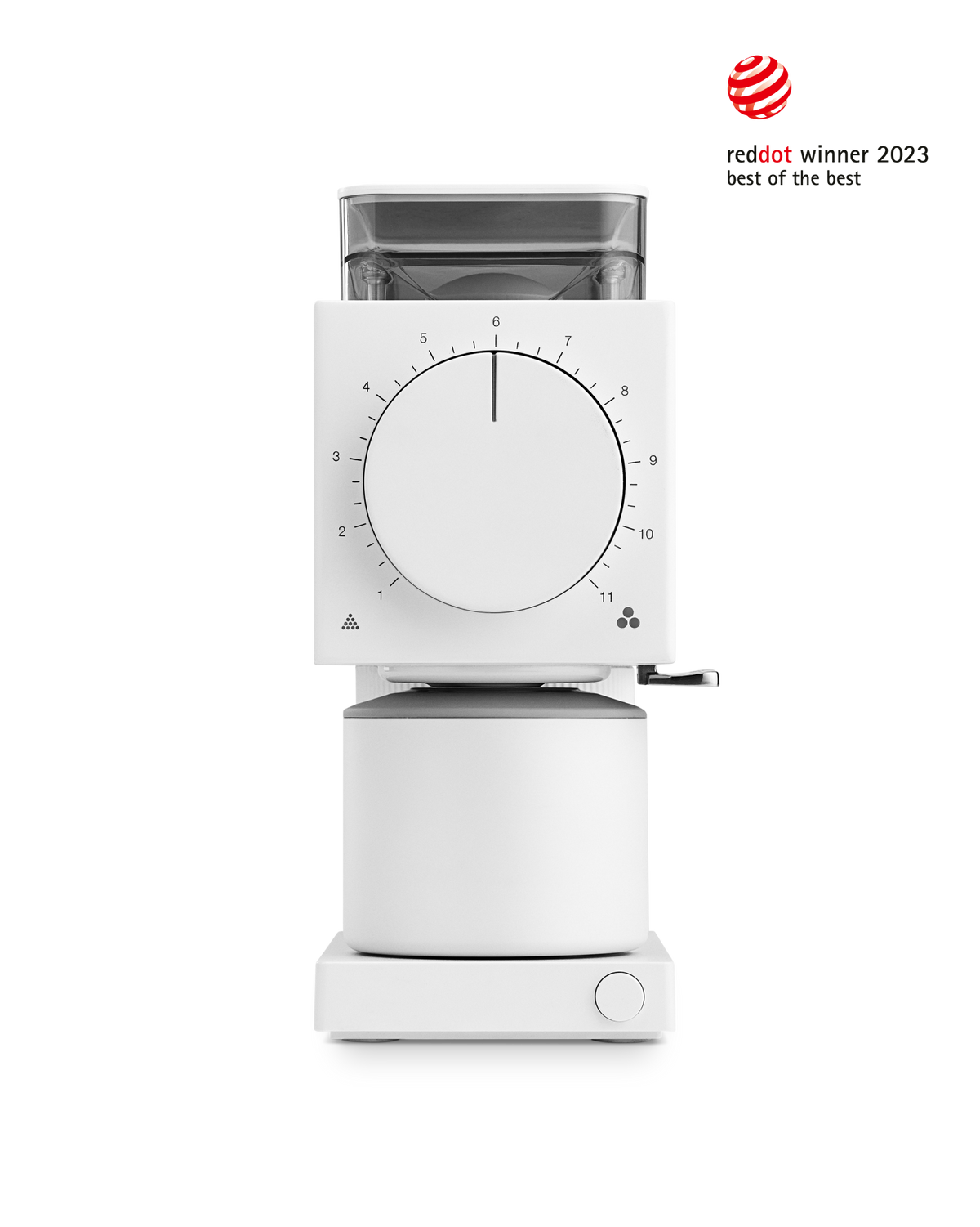 Fellow Ode Brew Grinder Gen 2 in matte white, Red Dot 2023 winner with anti-static tech.