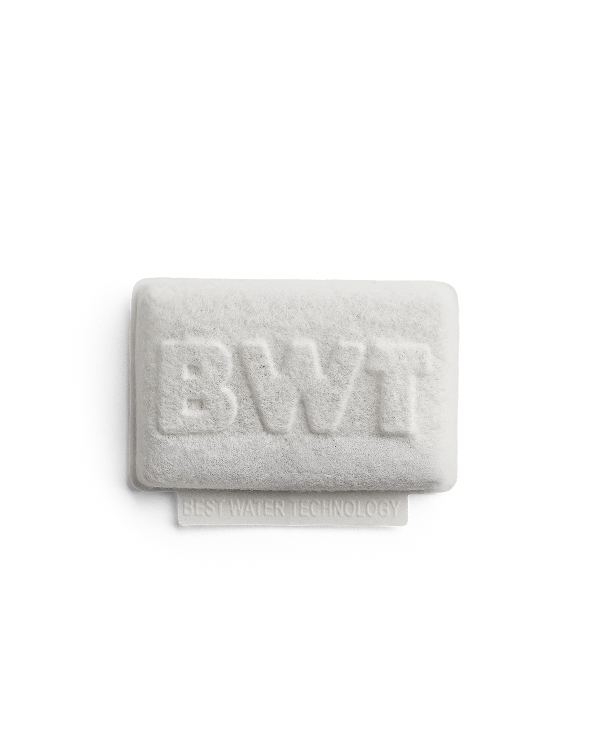 Fellow BWT Bestsave M white rectangular limescale pad with embossed BWT logo.