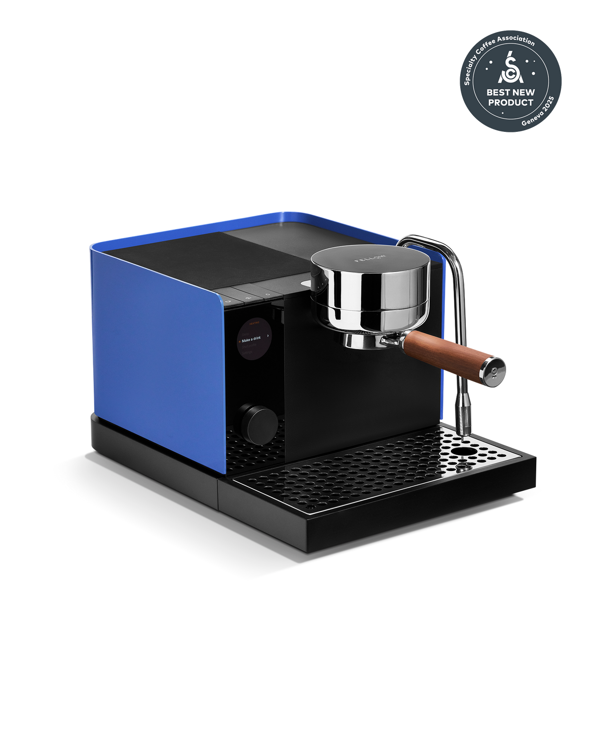 Fellow Espresso Series 1 in Marine Blue + Walnut, beginner friendly with consistent espresso.