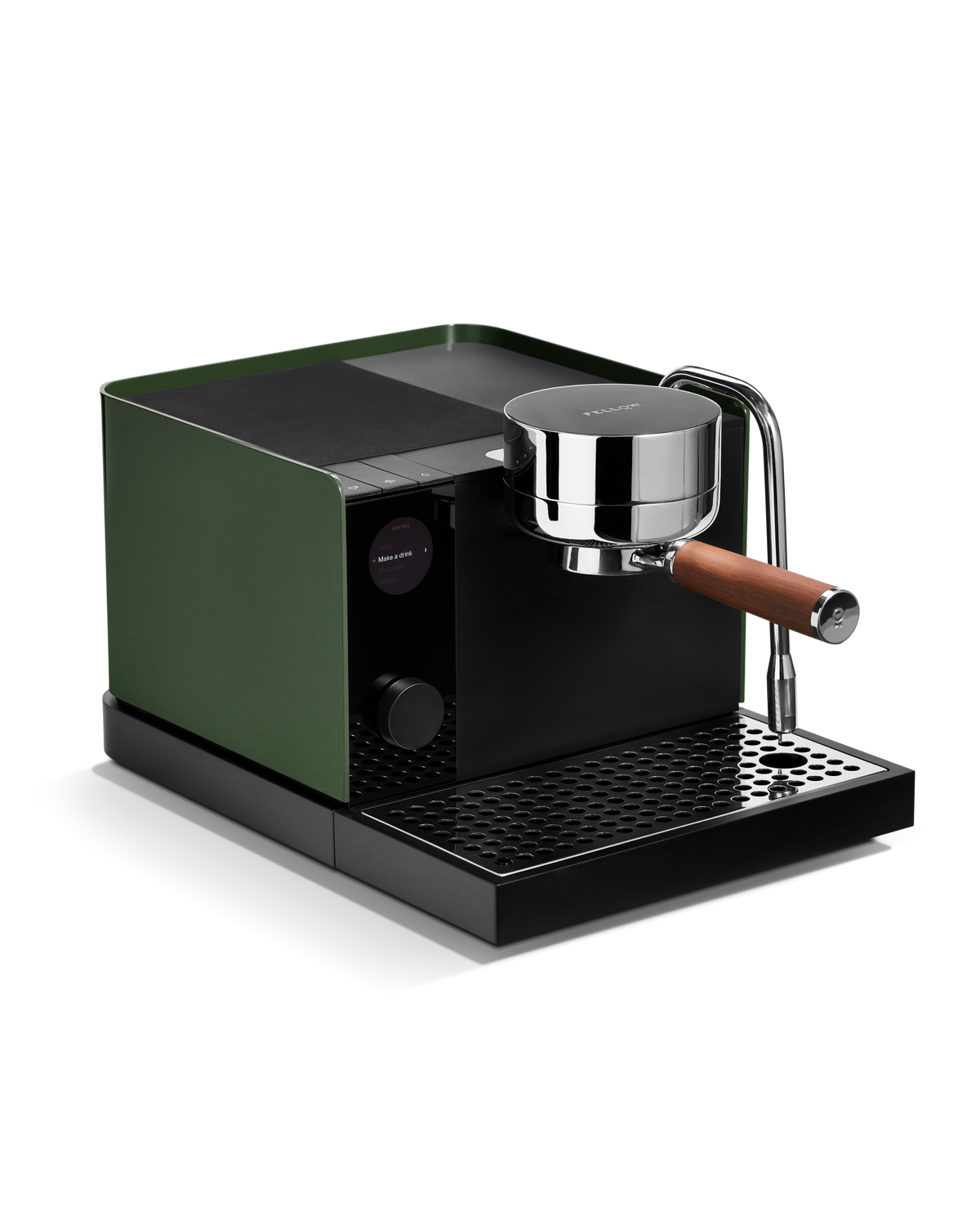 Fellow Espresso Series 1 in Woodland + Walnut, with wood handle and metal spout on black tray.