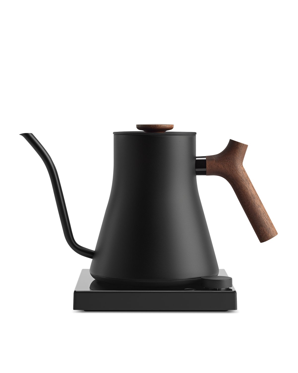 Fellow Stagg EKG electric kettle with wood handle and variable temperature control base.