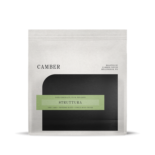 CC Struttura espresso blend, dark chocolate notes, black & green minimalist label.