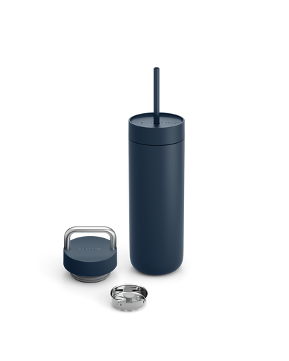 Fellow Carter 2-in-1 Chill Set in Stone Blue, vacuum insulated with straw, lid, and metal cap.