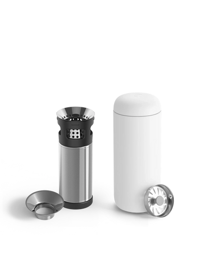 Fellow Carter Infuser Set: sleek white cold brew maker with metal filter parts.