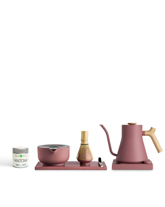 Fellow The Kettle + Matcha Kit: pink bowl, whisk, spoon, matcha tin, tray & electric kettle.