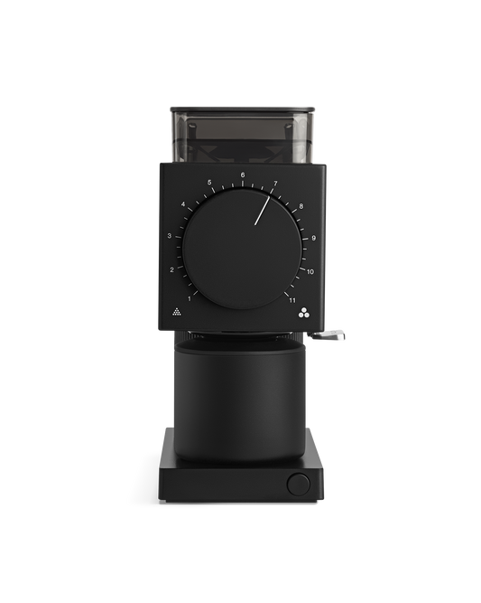 Fellow Ode Brew Grinder Gen 2 in black with large front dial and transparent bean hopper.