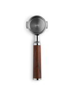 Fellow Espresso 58 mm Bottomless Portafilter with wooden handle, top view on white background.