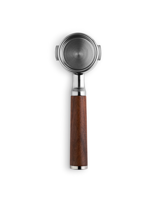 Fellow Espresso 58 mm Bottomless Portafilter in walnut, ideal for rich espresso shots.