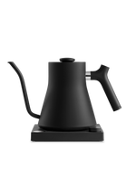 Fellow Rebrew Stagg EKG electric kettle in matte black with gooseneck spout on square base.