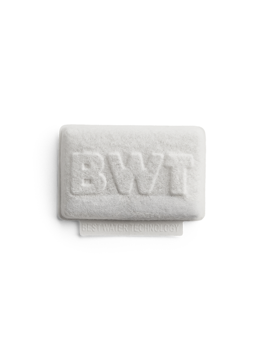 Fellow BWT Bestsave M white rectangular limescale pad with embossed BWT logo.