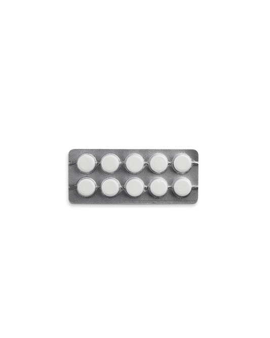 A blister pack of ten Fellow Series 1 Grouphead Cleaning Tablets on a white background.
