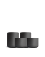 Four matte black Fellow Latte Art Set cups in different sizes on a white background.